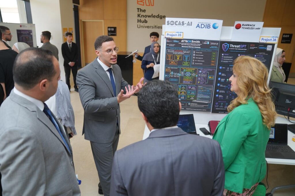 Visitors and industry guests exploring student-led projects in Artificial Intelligence, cybersecurity, software development, and smart systems.