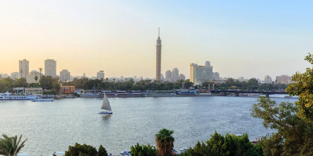 Cairo skyline and the Nile at golden hour